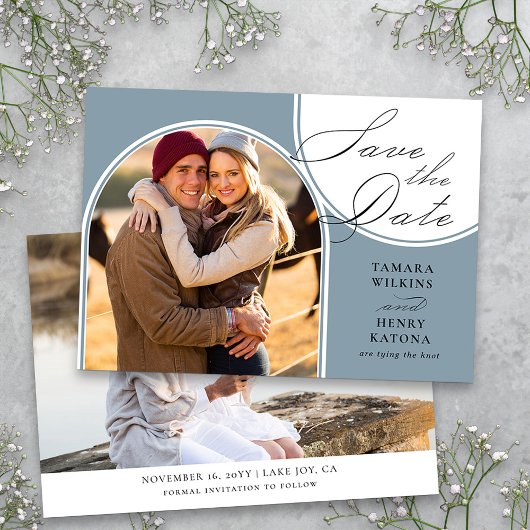 Dusty Blue Arched Foto Wedding Calligraphy Save The Date