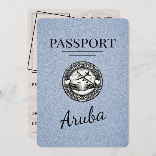 Dusty Blue Aruba Passport Save the Date (Vorne/Hinten)