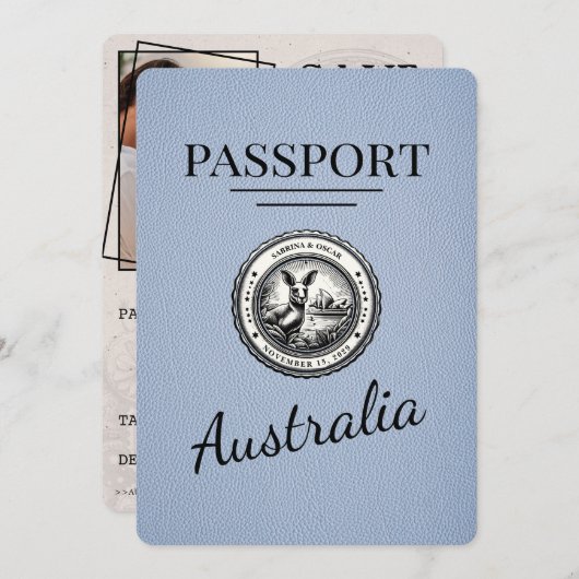 Dusty Blue Australia Passport Save the Date (Vorne/Hinten)