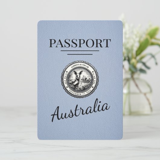 Dusty Blue Australia Passport Save the Date (Stehend Vorderseite)