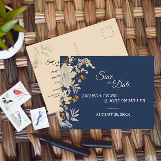 Dusty Blue Autumn Boho Wedding Save the Date Ankündigungspostkarte
