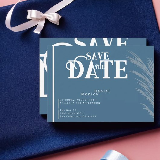 Dusty Blue Autumn Pampas Wedding Design Save The Date