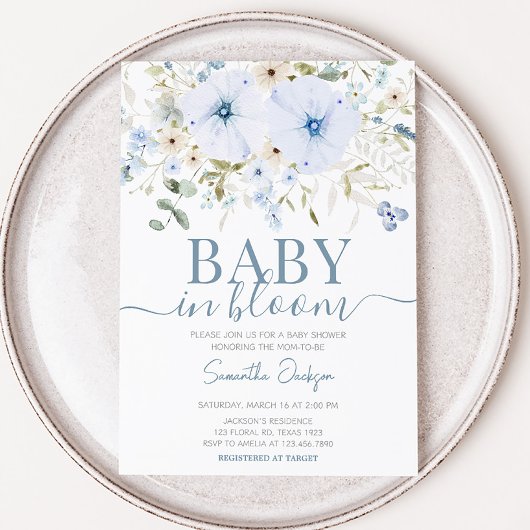 Dusty Blue Baby Bloom Baby Dusche Einladung