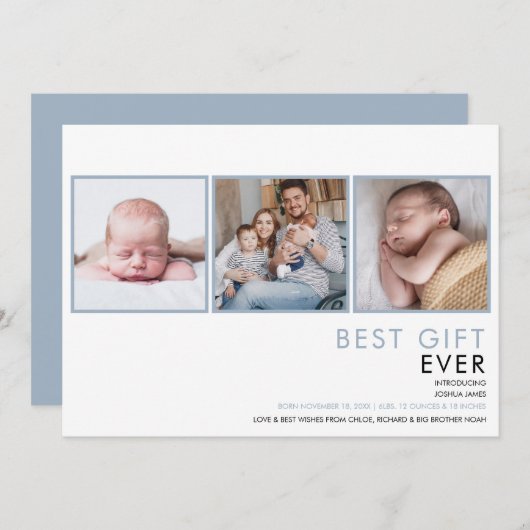 Dusty Blue Baby Boy 3 Foto Birth Ankündigung (Vorne/Hinten)