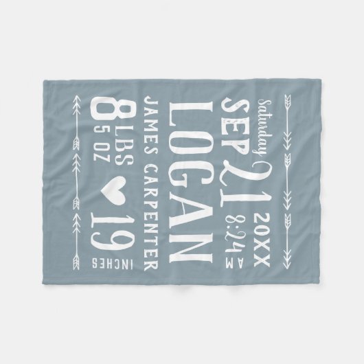 Dusty Blue Baby Boy Birth Stats Keepake Fleecedecke (Vorderseite (Horizontal))