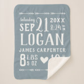 Dusty Blue Baby Boy Birth Stats Keepake Sherpadecke (Vorderseite)