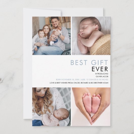 Dusty Blue Baby Boy Modern 4 Foto Birth Ankündigung (Vorderseite)