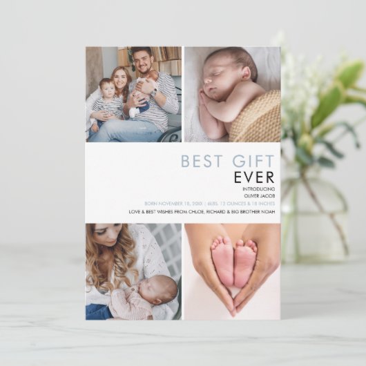 Dusty Blue Baby Boy Modern 4 Foto Birth Ankündigung (Stehend Vorderseite)