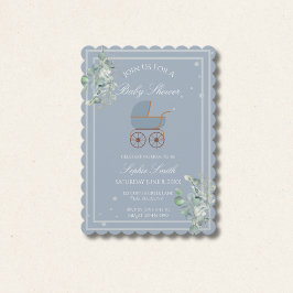 Dusty Blue Baby Carriage Baby Shower Scalloped Einladung