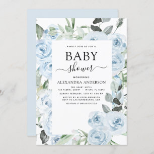 Dusty Blue Baby Dusche Blumengrün Einladung