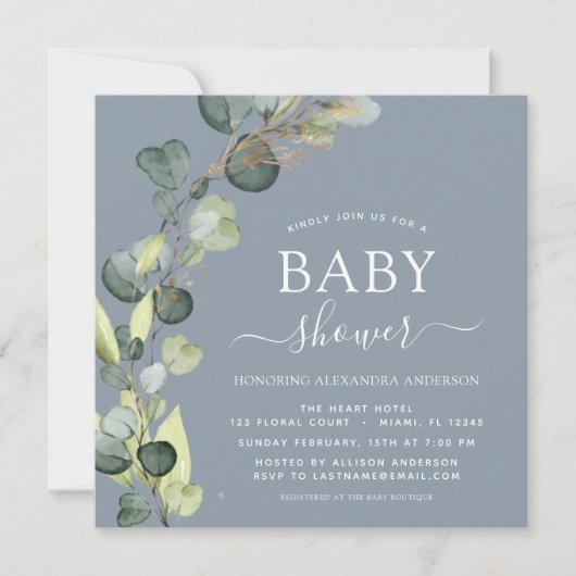 Dusty Blue Baby Duwer Greenery Eucalyptus Einladung (Vorderseite)