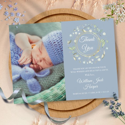 Dusty Blue Baby Foto Floral Vielen Dank für Ihre G Ankündigungspostkarte