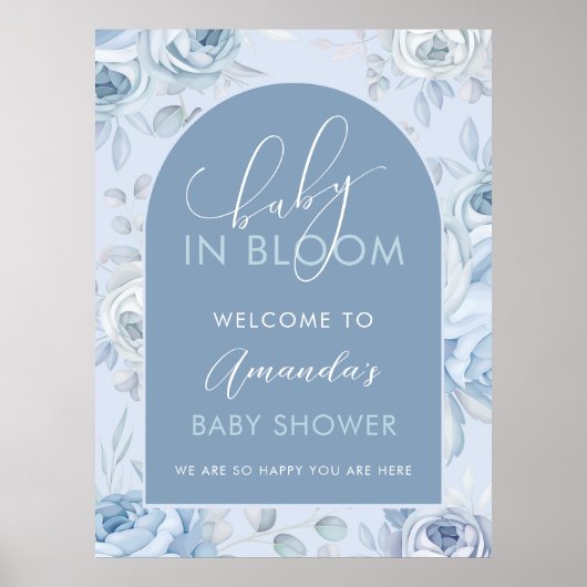 Dusty Blue Baby in Bloom Baby Dusche Empfang Poster (Vorne)