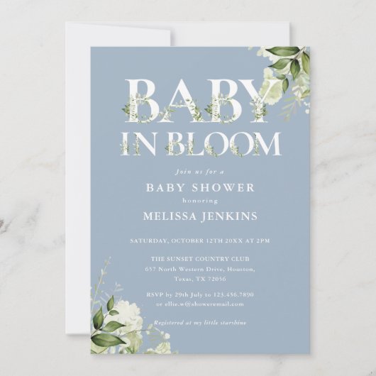 Dusty Blue Baby in Bloom Floral Foto Babydusche Einladung (Vorderseite)