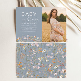 Dusty Blue Baby in Bloom Foto Baby Shower Einladung