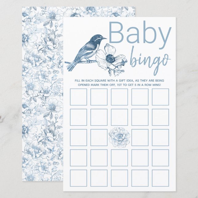 Dusty Blue Baby Showdusche Bingo Game Card Floral (Vorne/Hinten)