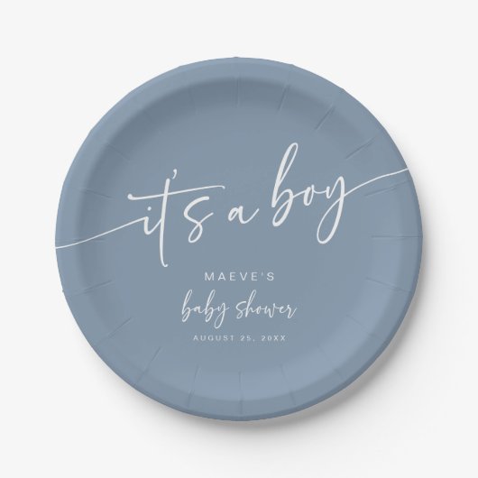 Dusty Blue Baby Shower Paper Plate Modern Boy Pappteller (Vorderseite)