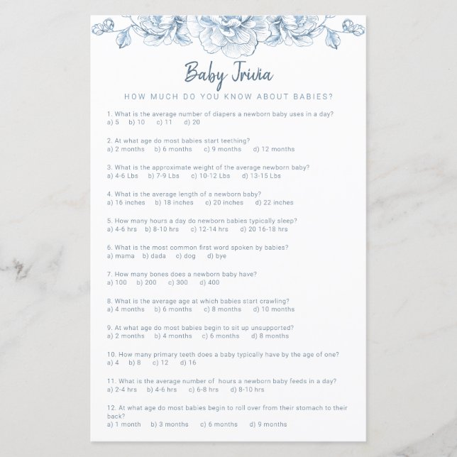 Dusty Blue Baby Shower Trivia Game Elegante Blumen (Vorderseite)