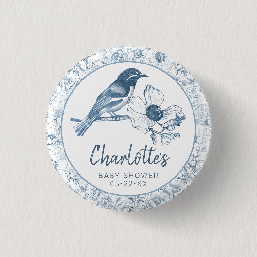 Dusty Blue Baby Showknopf Gefallen Chinoiserie Button (Vorderseite)