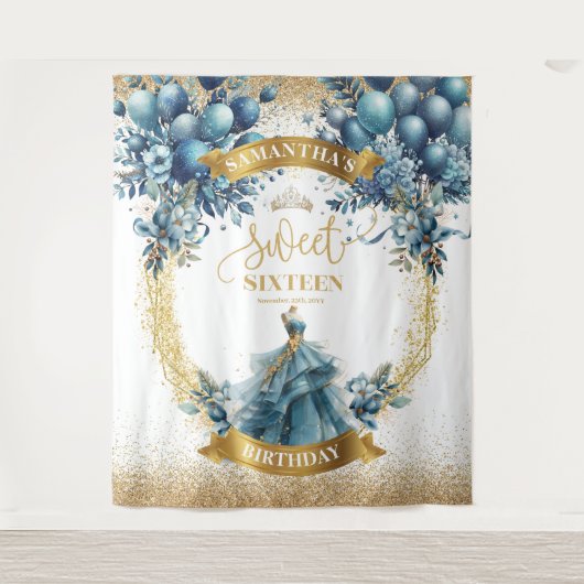 Dusty Blue Balloons Sweet 16 Birthday Hintergrund Wandteppich (Vorderseite)