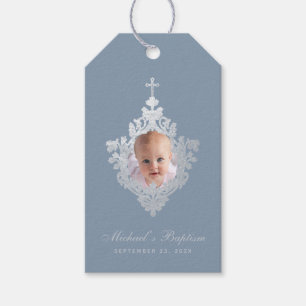 Dusty Blue Baptism Elegantes Junge Foto Vintages W Geschenkanhänger