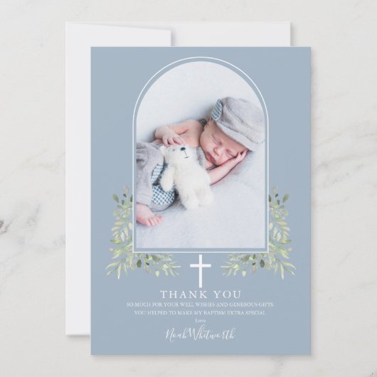 Dusty Blue Baptism Greenerity Arch Foto Dankeskarte (Vorderseite)