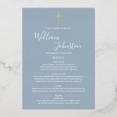 Dusty Blue Baptisse Christening Gold Foil Menu Car Folieneinladung (Vorderseite)