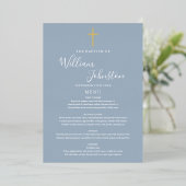 Dusty Blue Baptisse Christening Gold Foil Menu Car Folieneinladung (Stehend vorne)