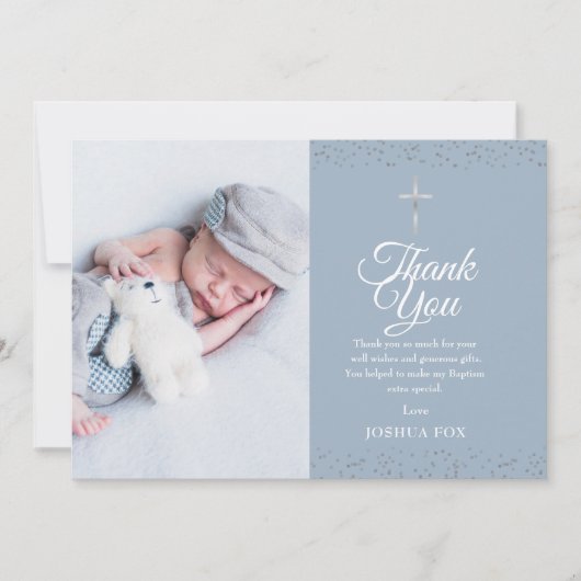 Dusty Blue Baptisse Foto Silver Vielen Dank Dankeskarte (Vorderseite)