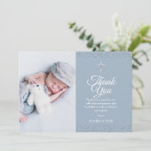 Dusty Blue Baptisse Foto Silver Vielen Dank Dankeskarte (Stehend Vorderseite)