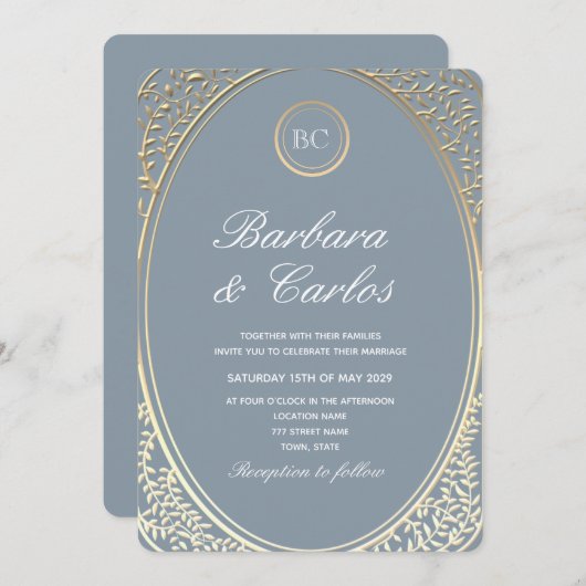 Dusty Blue Baroque Gold Hochzeit Einladung (Vorne/Hinten)