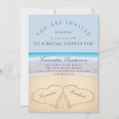 Dusty Blue Beach 2 Herz in Sand Brautparty Einladung (Vorderseite)