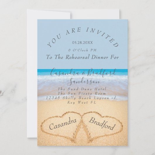 Dusty Blue Beach 2 Herz Sand Probe Abendessen Einladung (Vorderseite)