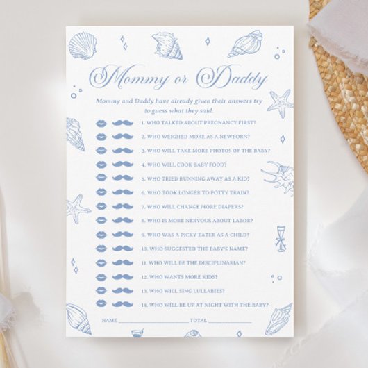 Dusty Blue Beach Baby Shower Rate Who Game Card Einladung