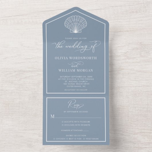 Dusty Blue Beach Seashell Coastal Wedding All In One Einladung (Innen Boden)