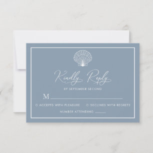 Dusty Blue Beach Seashell Elegante Wedding RSVP Karte