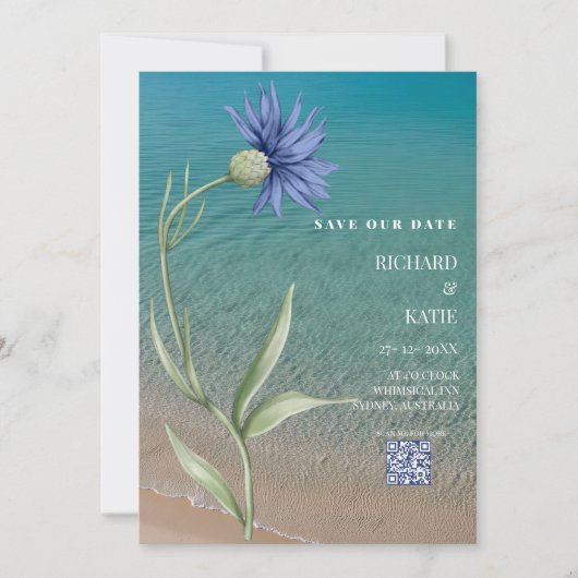 Dusty Blue Beach stilvoll Qr Code Hochzeit Einladung (Vorderseite)