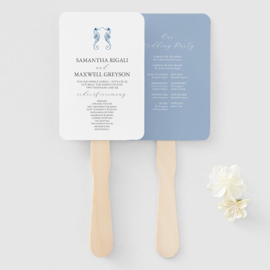 Dusty Blue Beach Wedding Program | Seahorses Fächer (Vorne und Hinten)