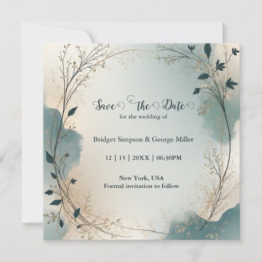 Dusty Blue Beige Boho Chic foliage wreath Wedding Save The Date (Vorderseite)