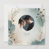 Dusty Blue Beige Boho foliage wreath Wedding photo Dankeskarte (Rückseite)