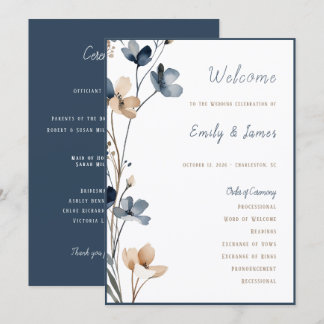 Dusty Blue Beige Botanical Modern Elegant Wedding Programm