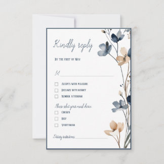 Dusty Blue Beige Botanical Modern Elegant Wedding RSVP Karte