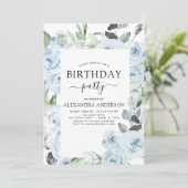 Dusty Blue Birthday Party Floral Einladung (Stehend Vorderseite)