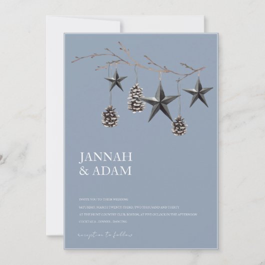 Dusty Blue Black Christmas Stars Pinecones Wedding Einladung (Vorderseite)