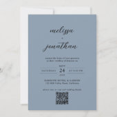 Dusty Blue & Black Script Foto QR Code Wedding Einladung (Vorderseite)