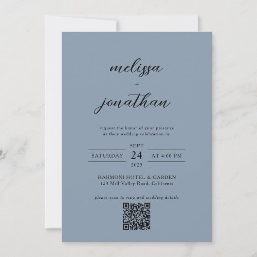 Dusty Blue & Black Script Foto QR Code Wedding Einladung (Vorderseite)