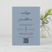 Dusty Blue & Black Script Foto QR Code Wedding Einladung (Stehend Vorderseite)