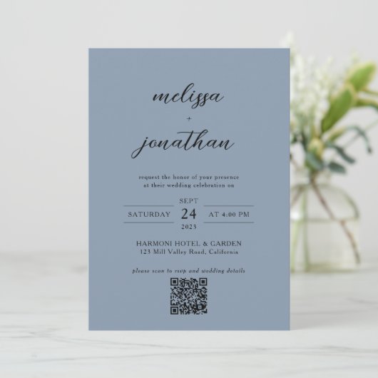 Dusty Blue & Black Script Foto QR Code Wedding Einladung (Stehend Vorderseite)