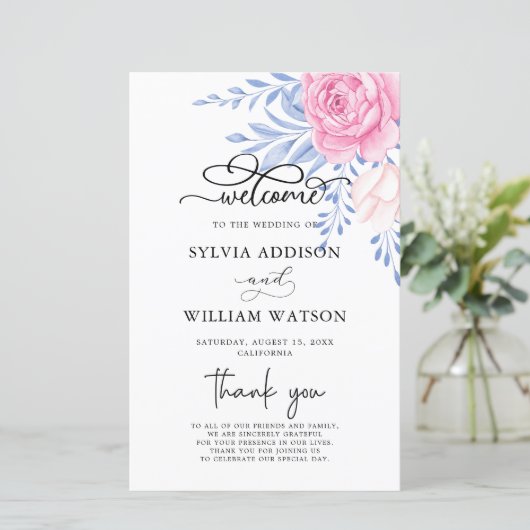 Dusty Blue Blätter Blush Pink Rose Hochzeitfeier (Stehend Vorderseite)