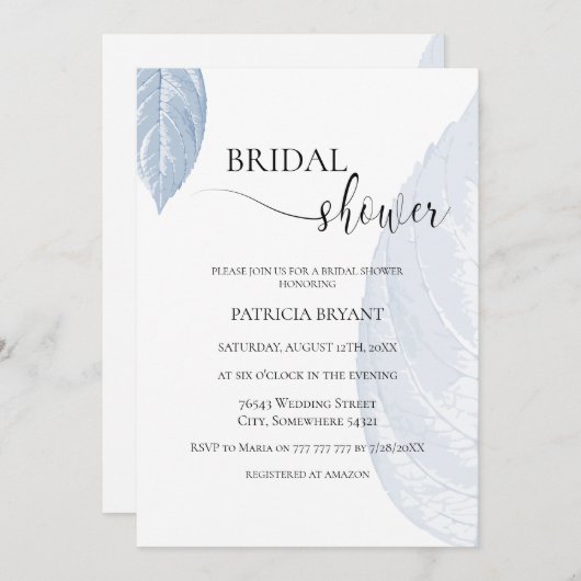 Dusty blue Blätter Bridal Dusche Einladung (Vorne/Hinten)